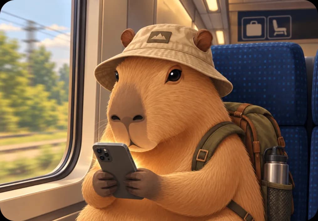 電車で移動中にスマートフォンを使うカピバラ