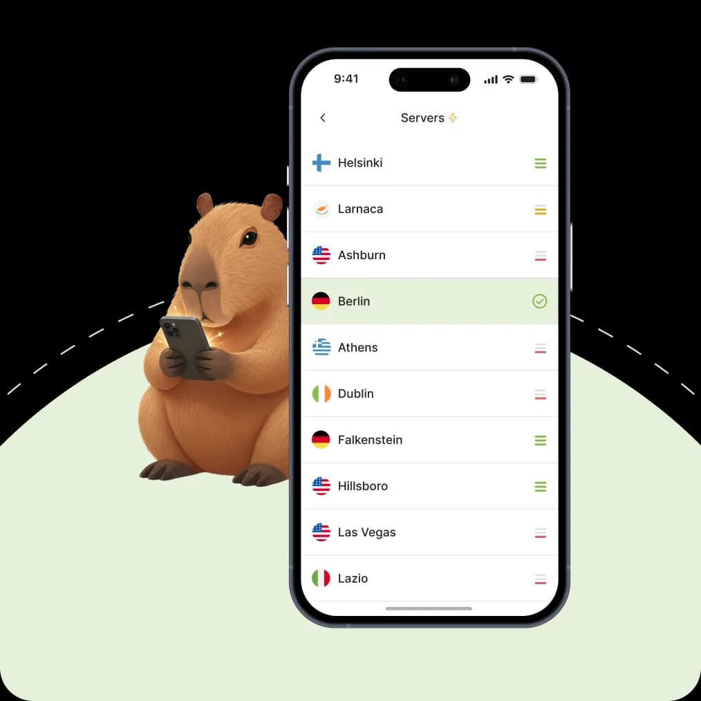 Calm VPN app server list beside the Calm VPN mascot