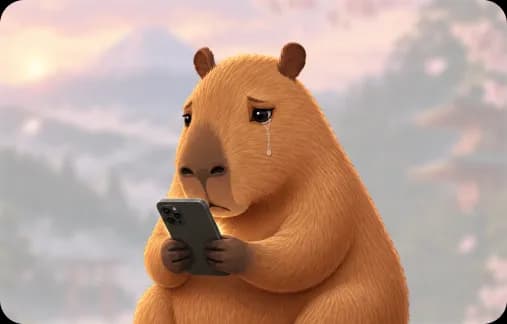 A capybara looking at a phone after losing access to a Japanese website