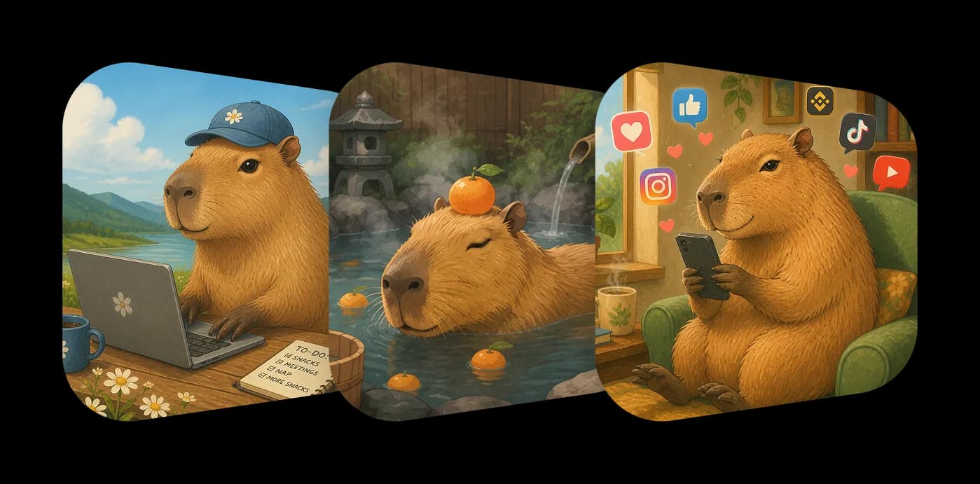 Calm VPN capybaras using a laptop, relaxing in a Japanese hot spring, and browsing social media